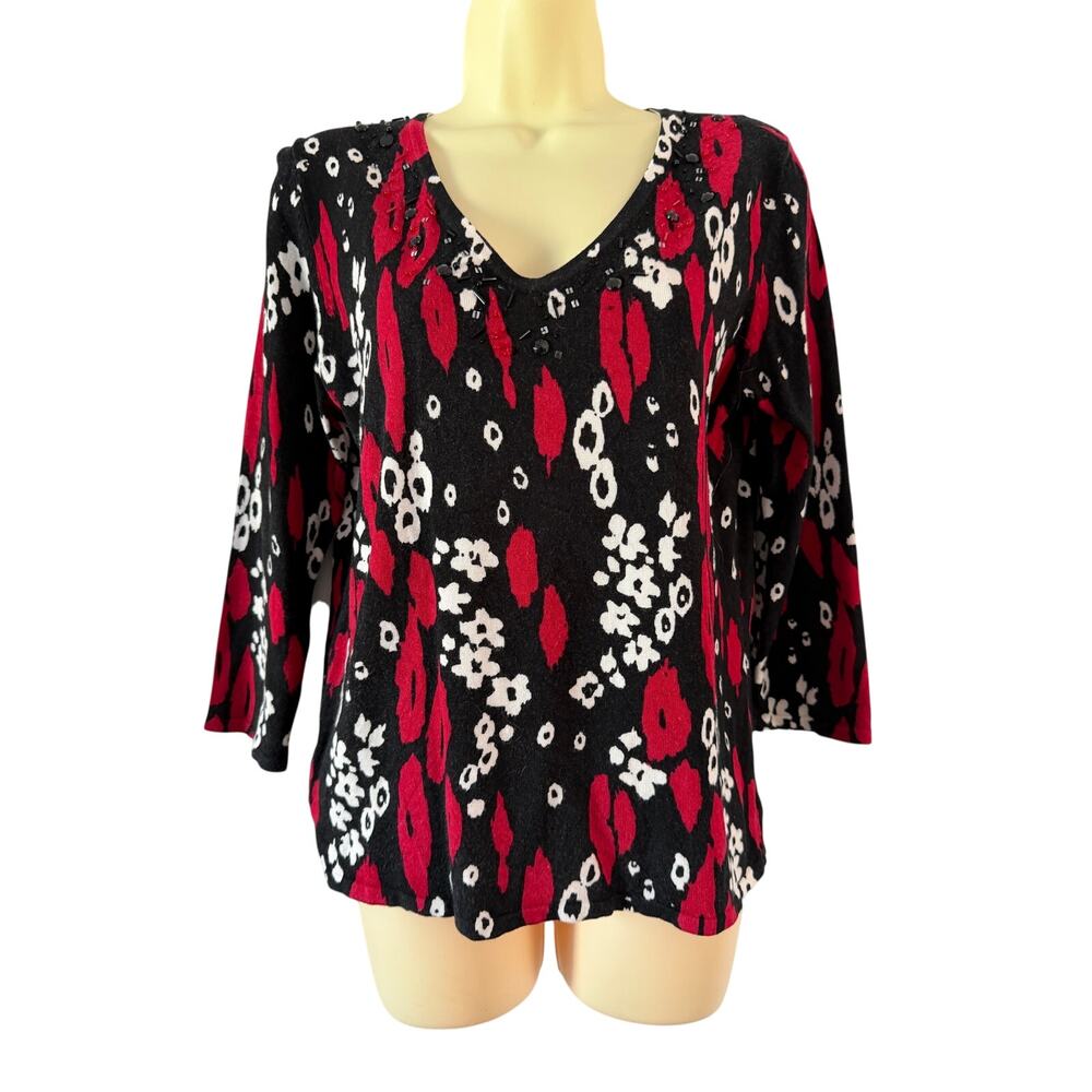 LH Sport Black White Red Beaded Embellished Sweater Woman’s Size Medium